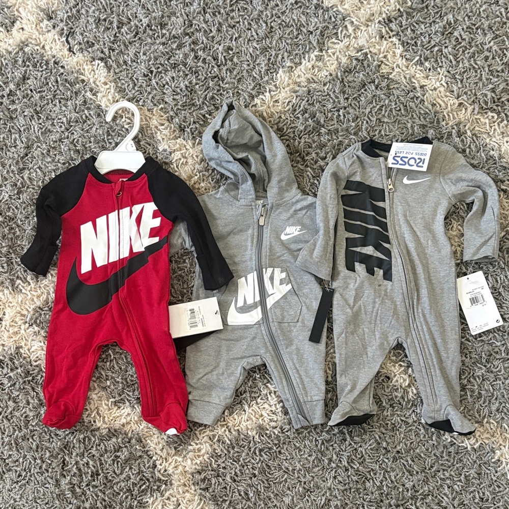 3-Nike Kids One Piece Footies - Red, Black, and Gray (BRAND NEW)